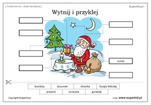 polski jako obcy słówka - Boże Narodzenie - wytnij etykietki i dopasuj je do odpowiednich elementów świątecznego rysunku